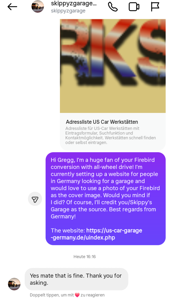 Instagram Nachricht mit Erlaubnis von Skippy's Garage